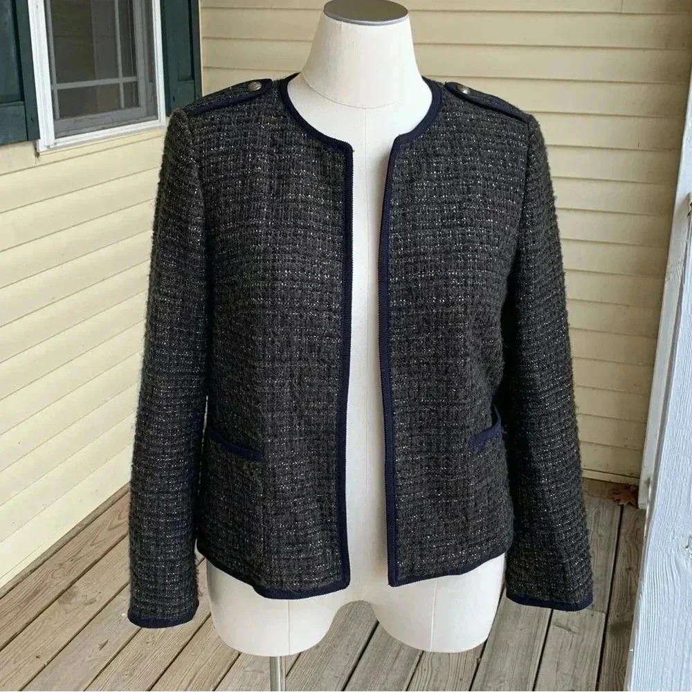 Talbots Italian Wool Alpaca Blend Blazer Jacket Olive Navy Tweed Sz 16 Military